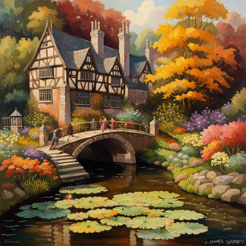 High Gothic City Next to Chrysanthemum Garden as Gouache Pai...