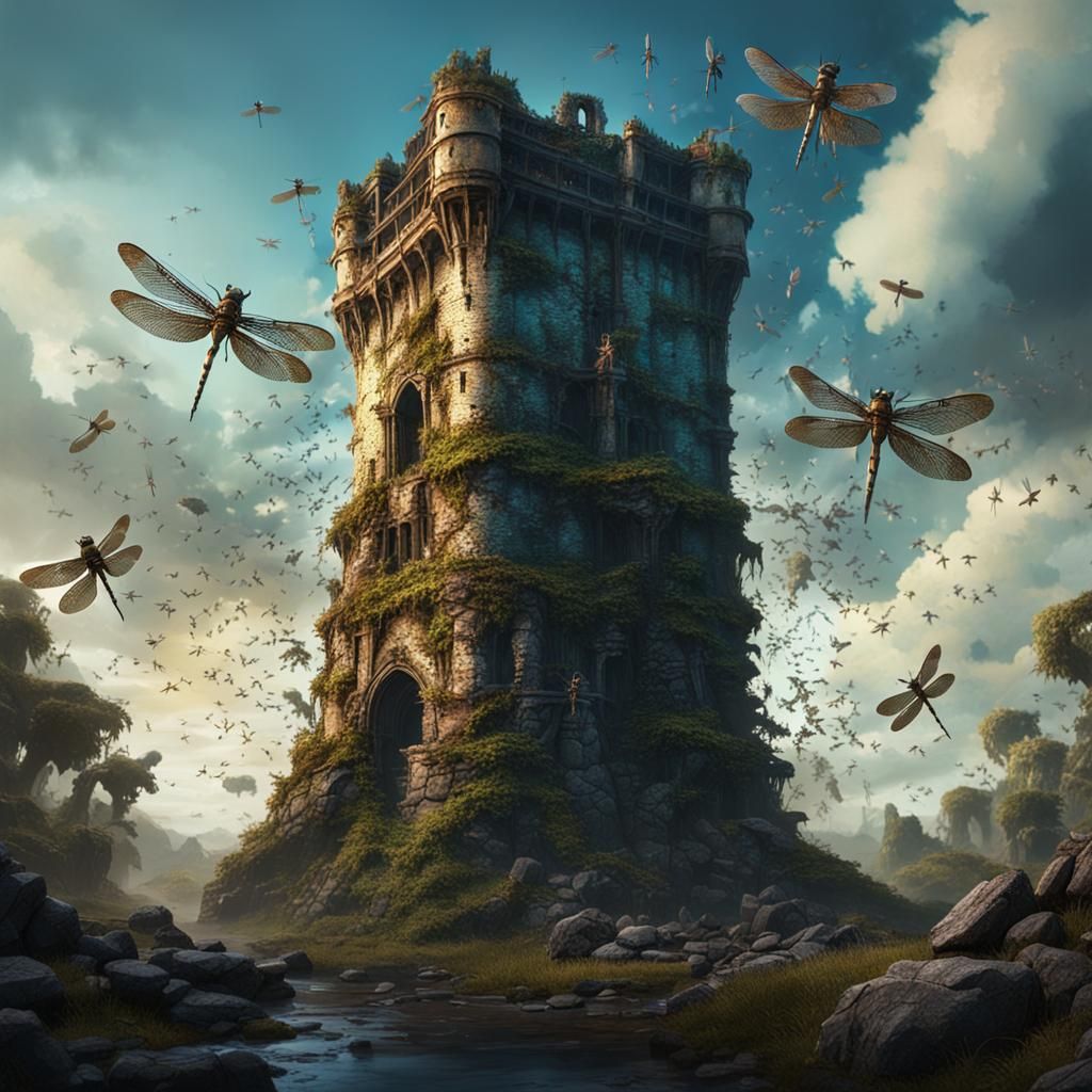 Dragonfly Tower: Detailed Matte Painting in Deep Color