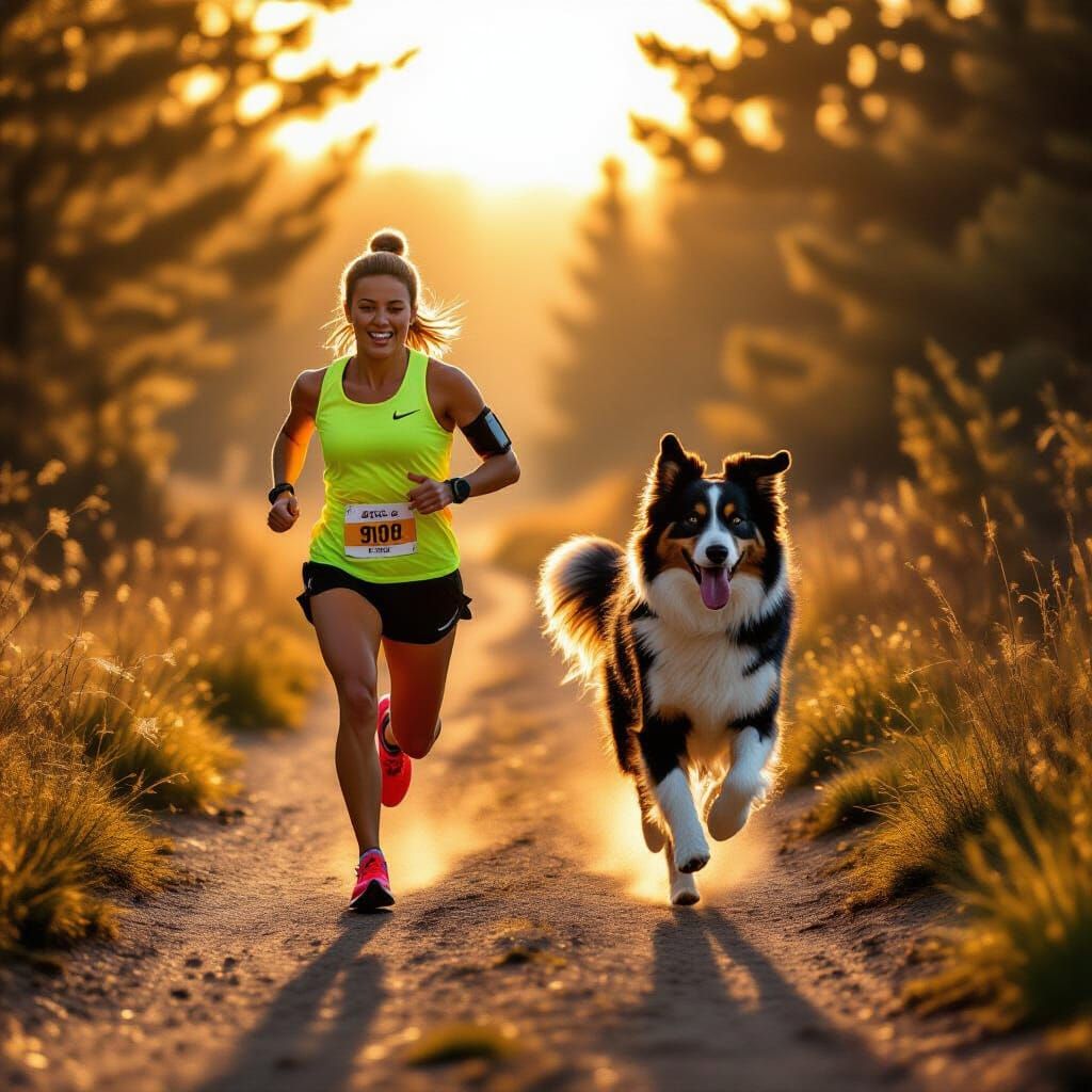 Runner and Border Collie Sprint at Sunrise