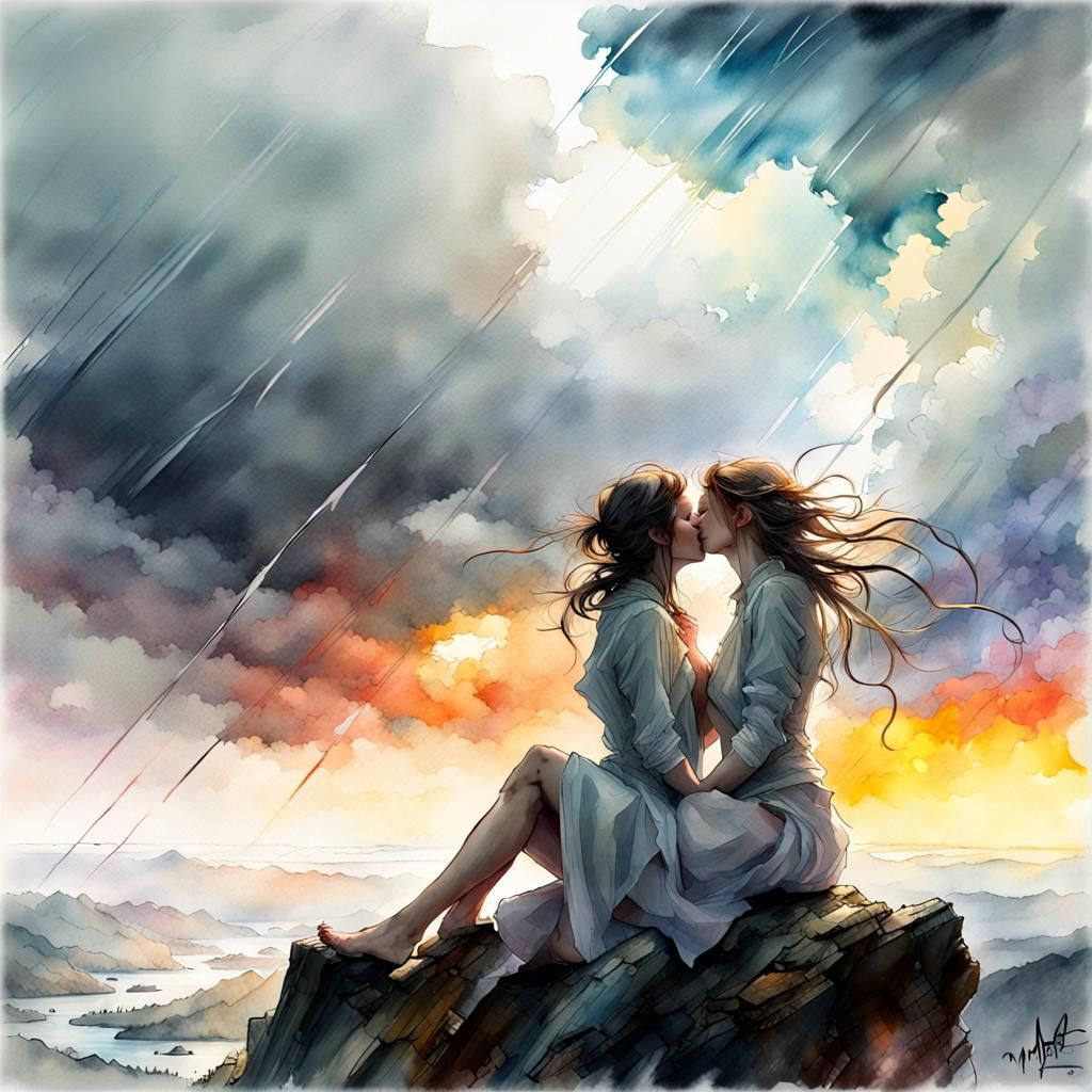 Passionate Lesbian Kiss in Stormy Fantasy Landscape