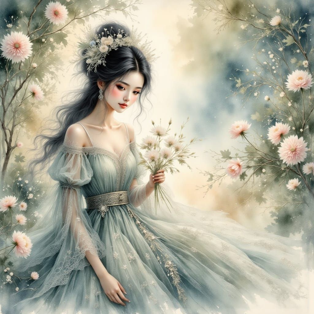 <lora:Dandelion Flux:1.0> <lora:Whispered Inky Paint:1.0> <lora:Light and Lace-Flux:1.0>
beautiful stunning image Asian ...