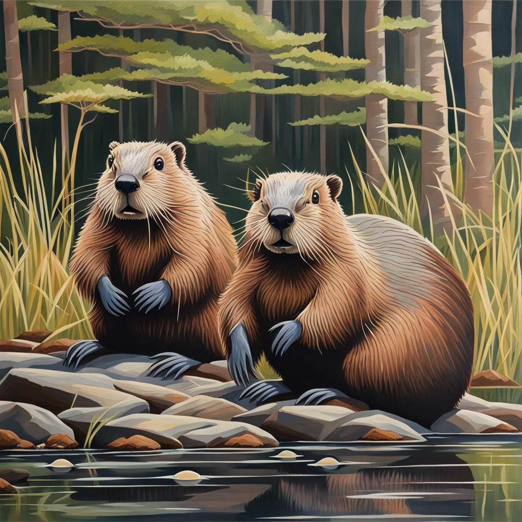 Beavers in Natural Habitat: Gouache Painting