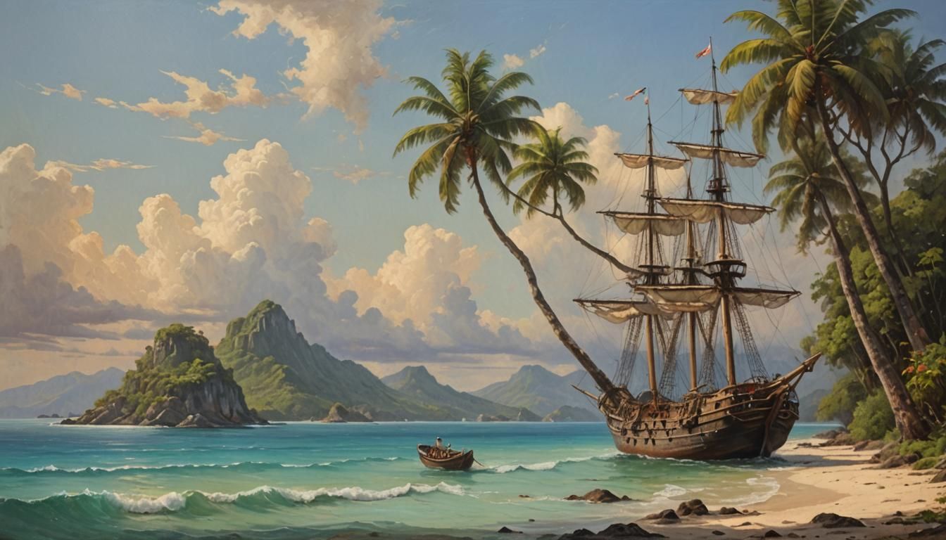 Sail Ship Anchored Near Tropic Island as Oil Painting