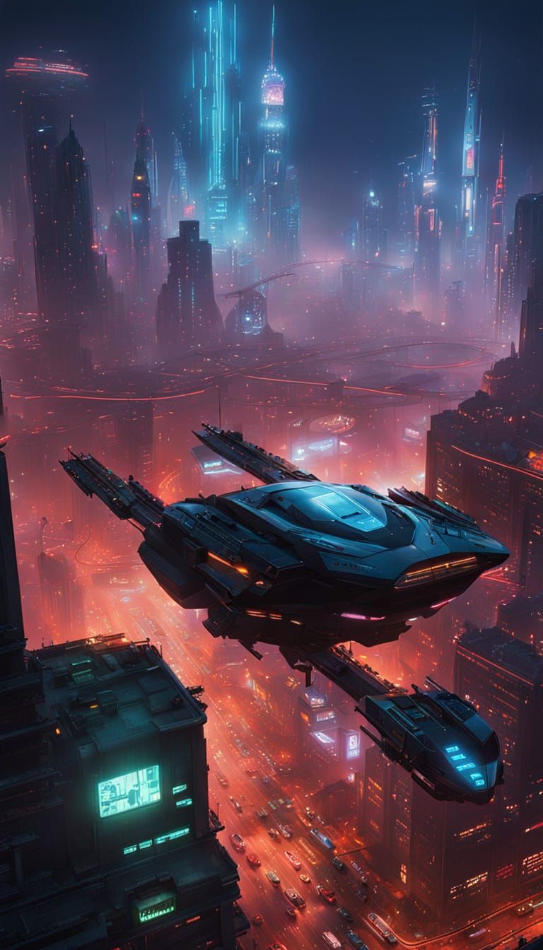 Futuristic Metropolis at Night with Neon Lights and Flying V...