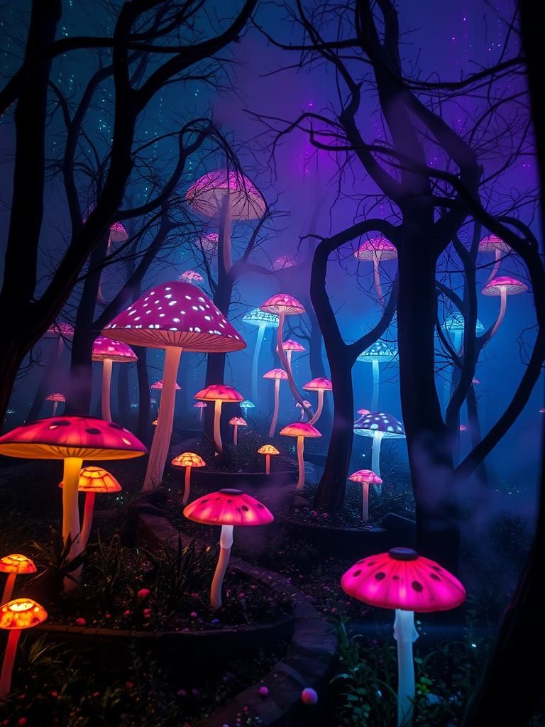Luminescent Mushrooms in Mystical Forest