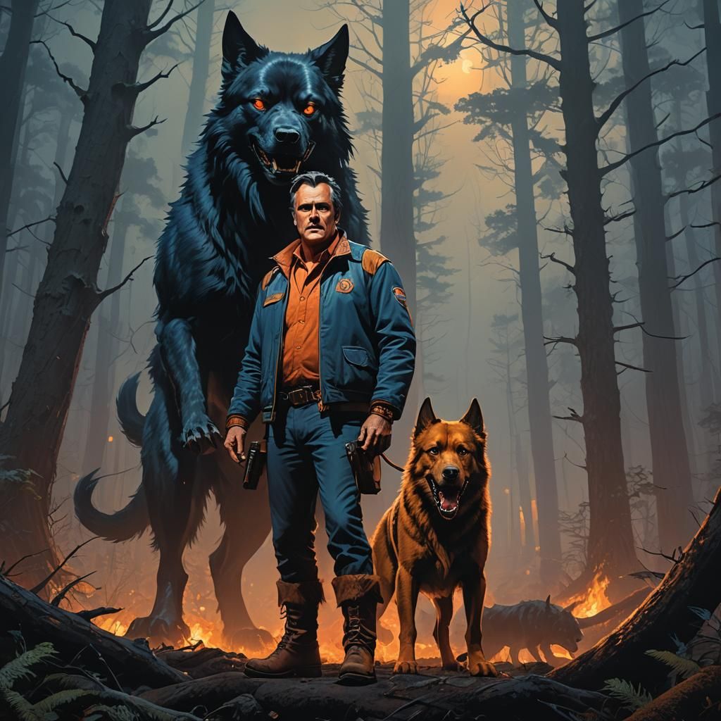 Bruce Campbell and Hellhound in Mystical Forest