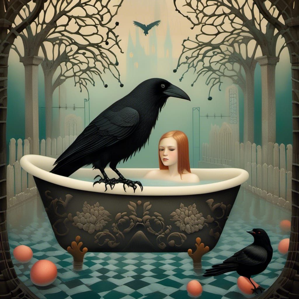 Potato and Crow Bathing: Storybook Illustration