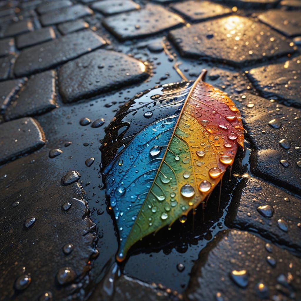 Cityscape Reflected in Rainbow Leaf: Macro Photograph