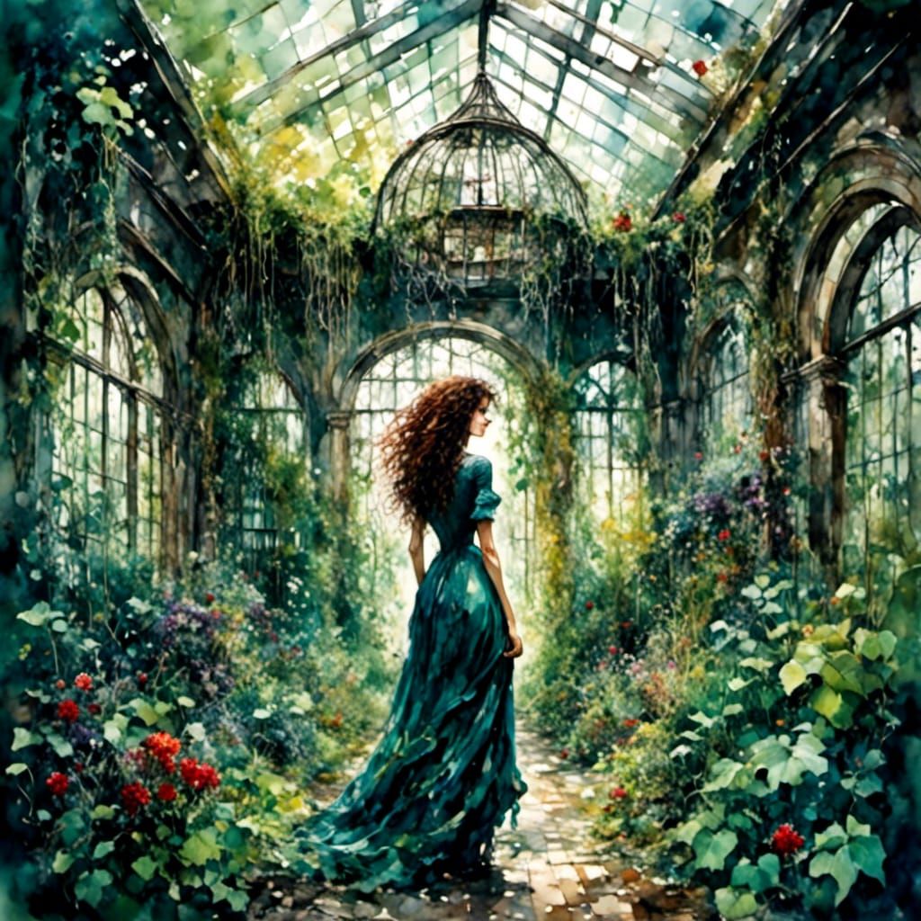 Woman in Overgrown Greenhouse, Macabre Watercolor Art
