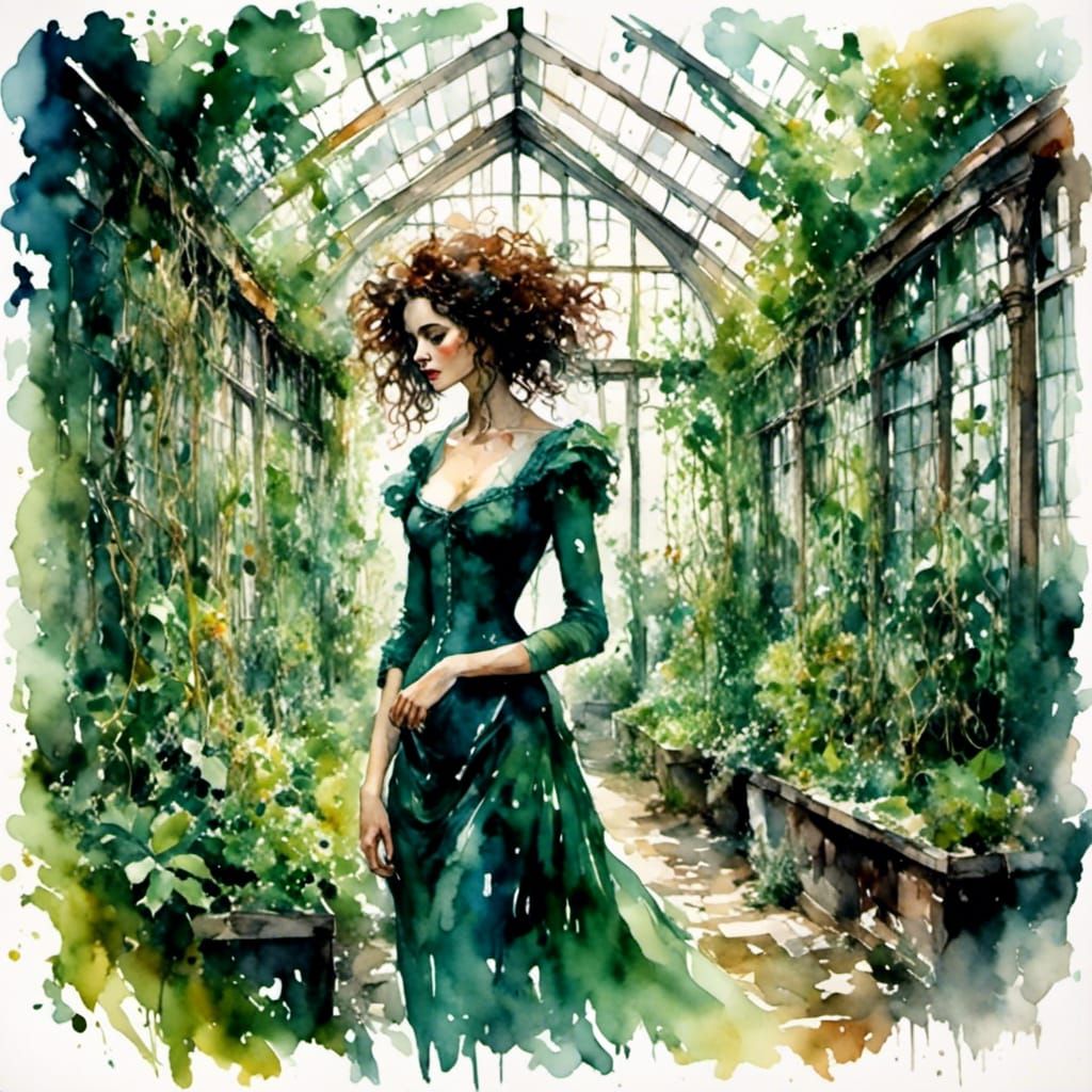 Woman in Overgrown Greenhouse: Macabre Watercolor Art