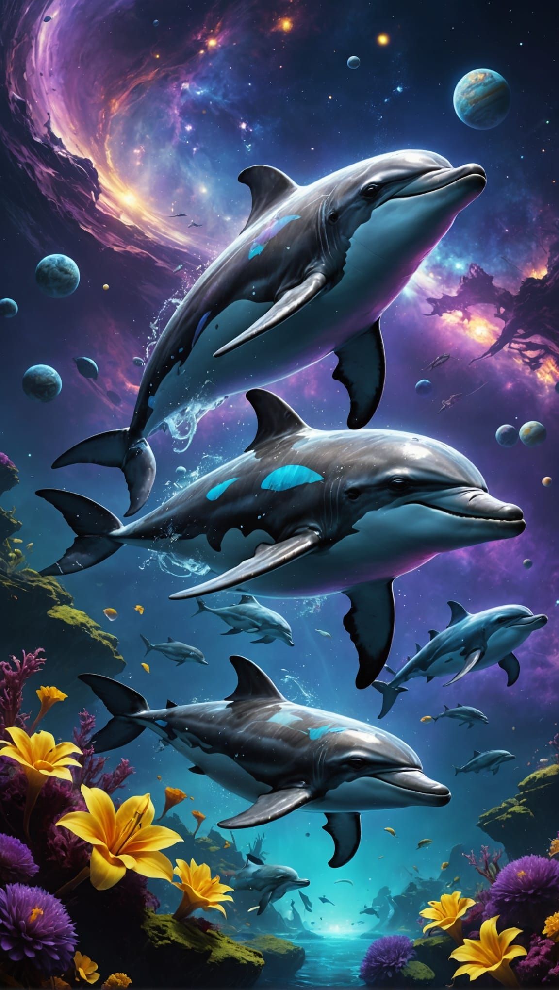 Dark Evil Dolphins Swim Through a Galaxy