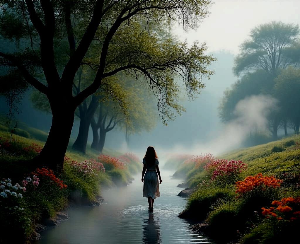 The woman walks along the banks of a stream