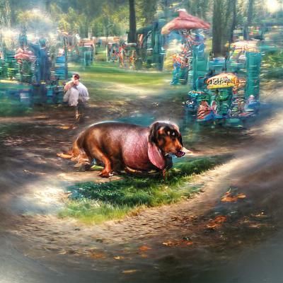Happy Dachshund Runs in Dog Park: Kinkade Style