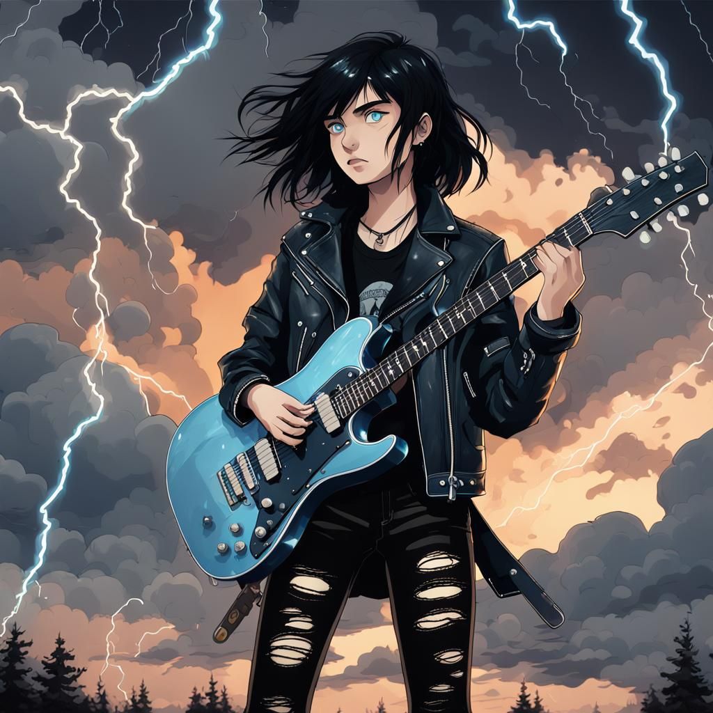 Anime Girl with Electric Guitar in Stormy Sky