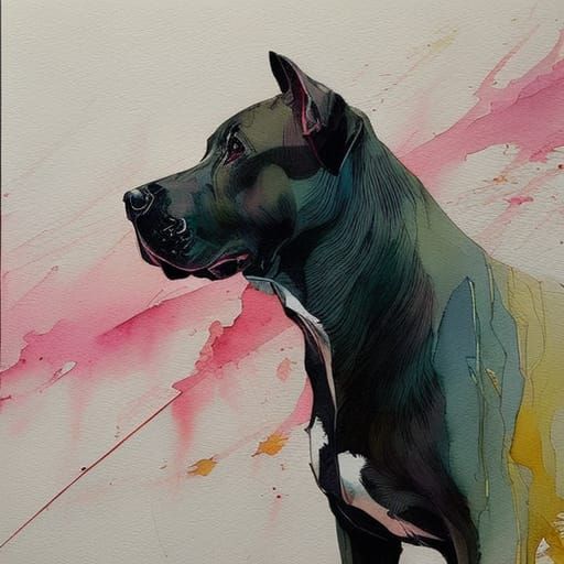 Anime Pit Bull Sunset Portrait in Watercolor Style