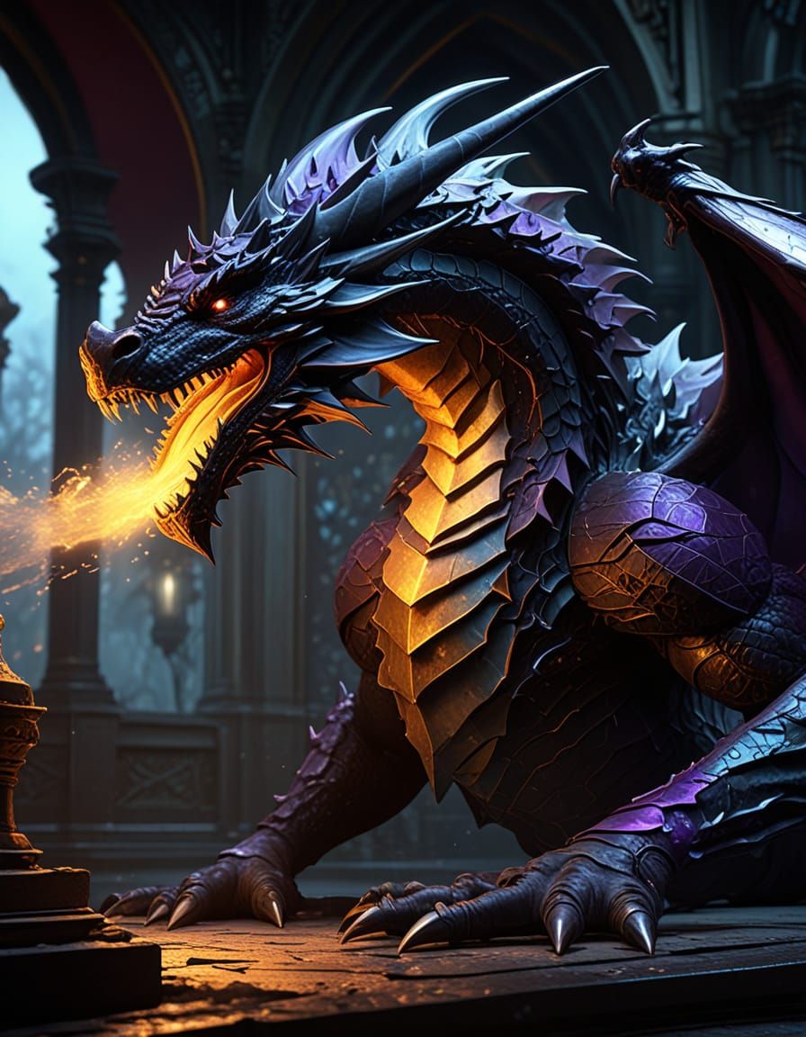 Ethereal Knight Defends Against Black Dragon's Fiery Breath