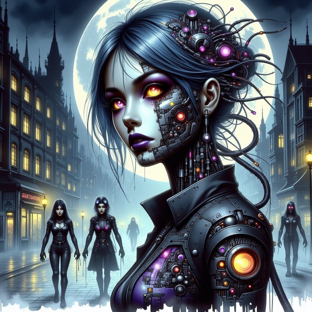 Cyberpunk Doll Self-Repairing Under Moonlight