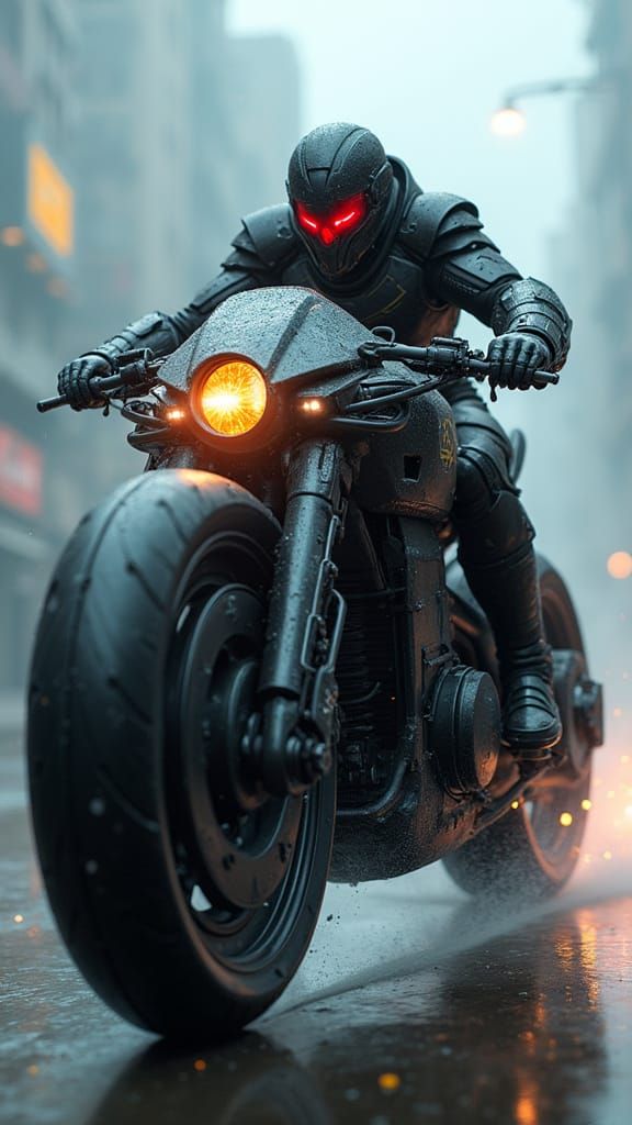 Futuristic Judge Dredd Enforcer on Colossal Squad Bike