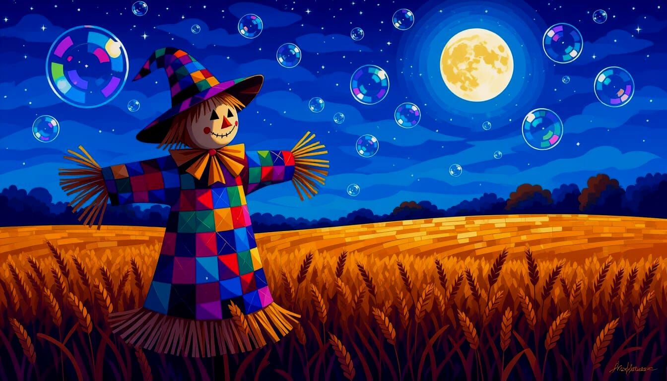Nighttime Fall Farm Scarecrow with Bubbles in Mosaic Art
