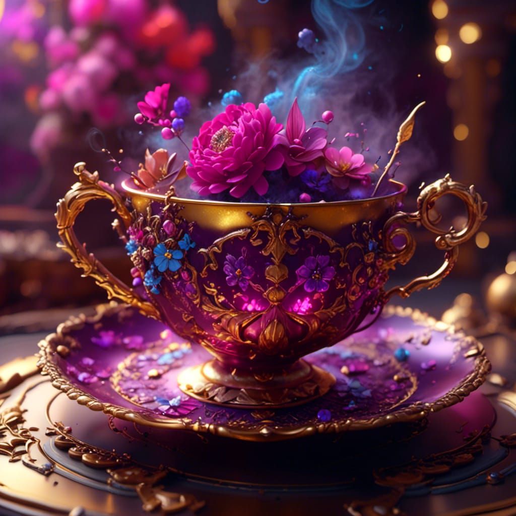 Ornate Magenta and Gold Teacup with Smoke