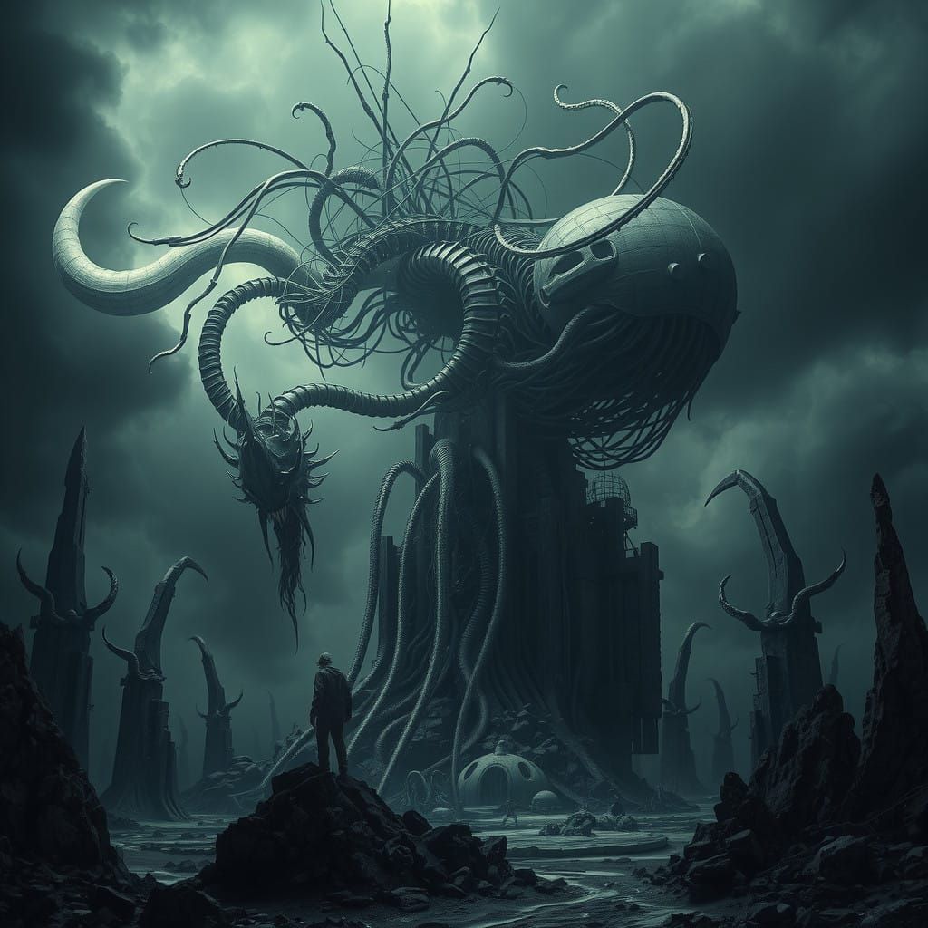 Surreal Dystopian Post-Apocalyptic Landscape in Dark Cyberpu...