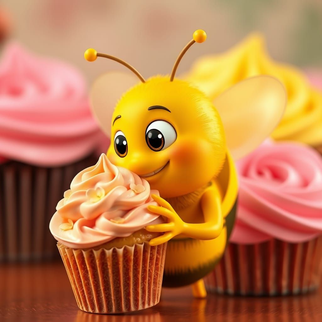 3d model of a cartoon bee in yellow outfit holding a cupcake...