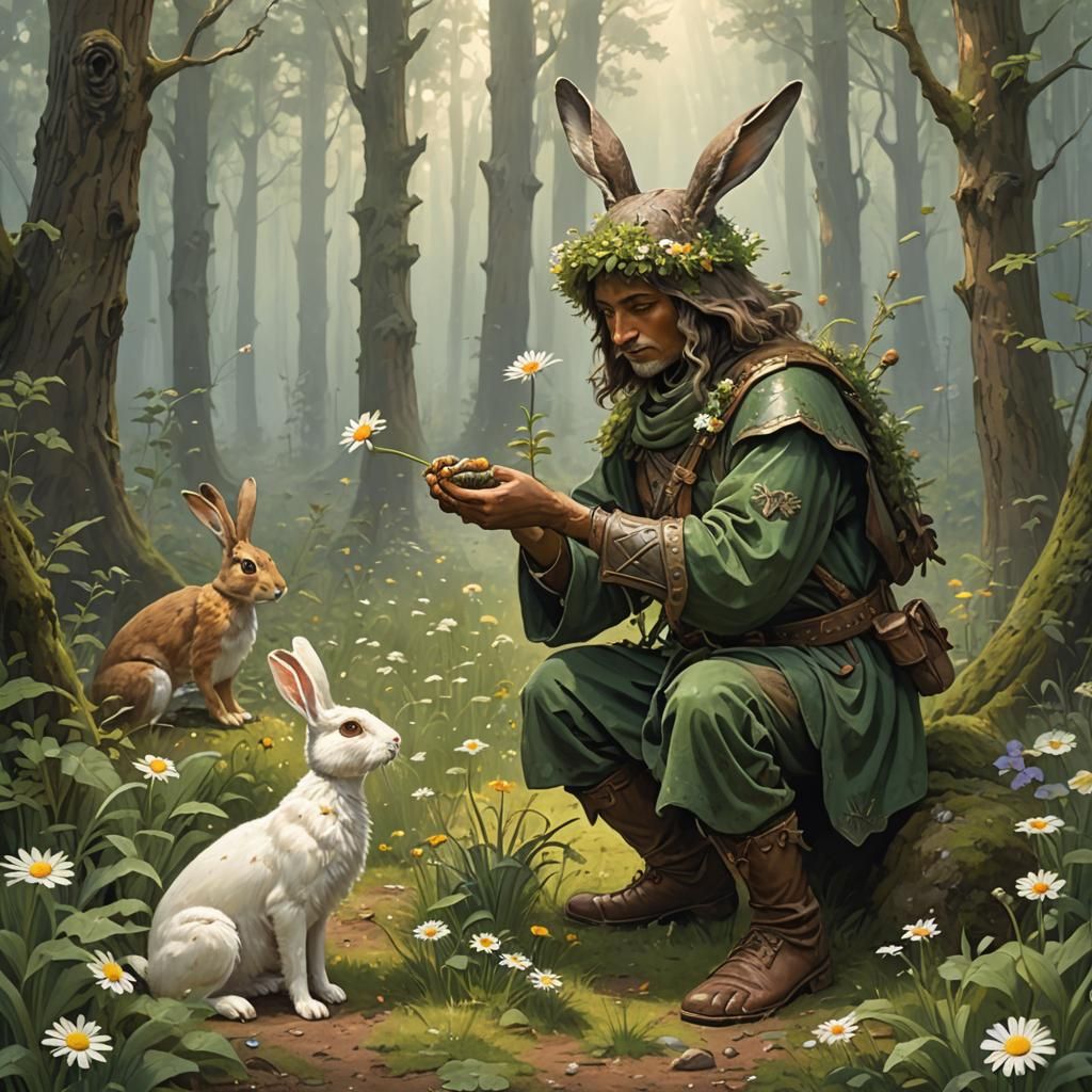 Forest Guardian and Rabbit with Daisy