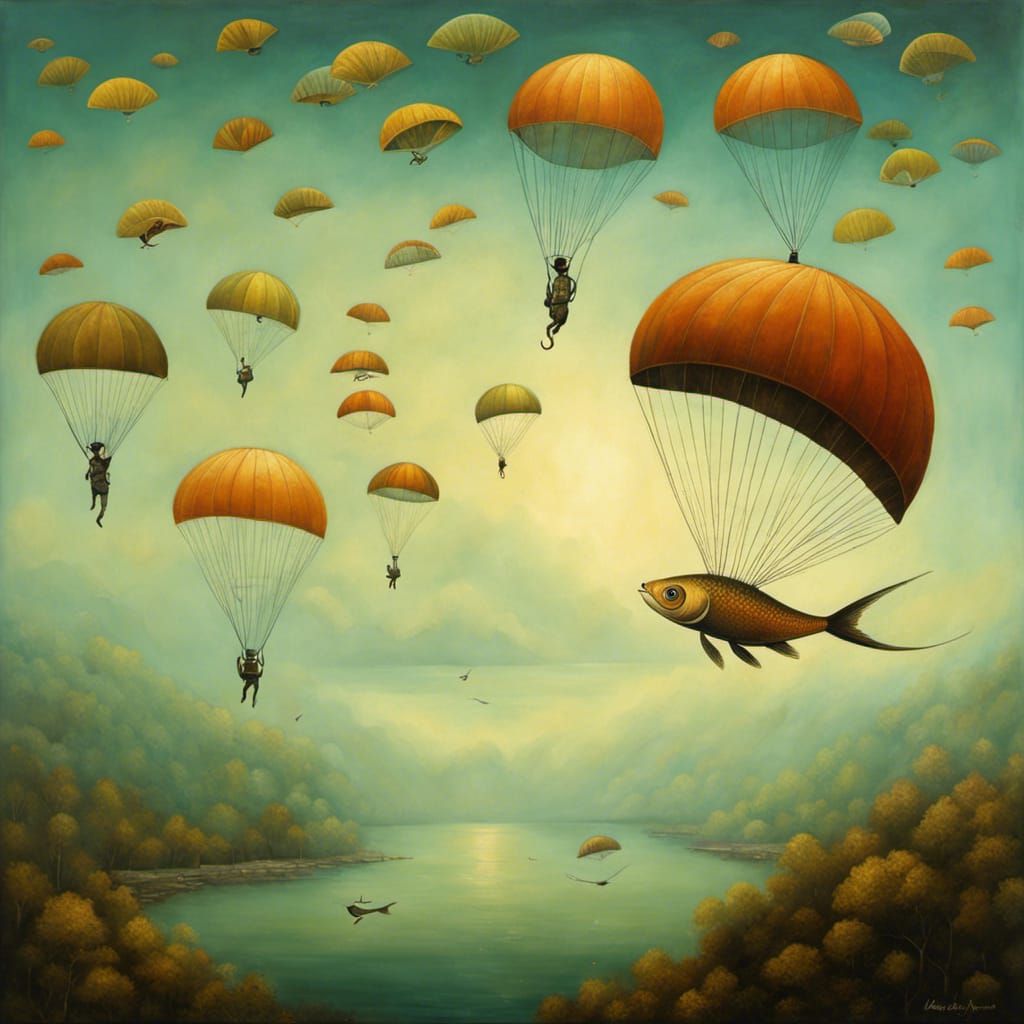 Fish Parachuting in Surrealist Style