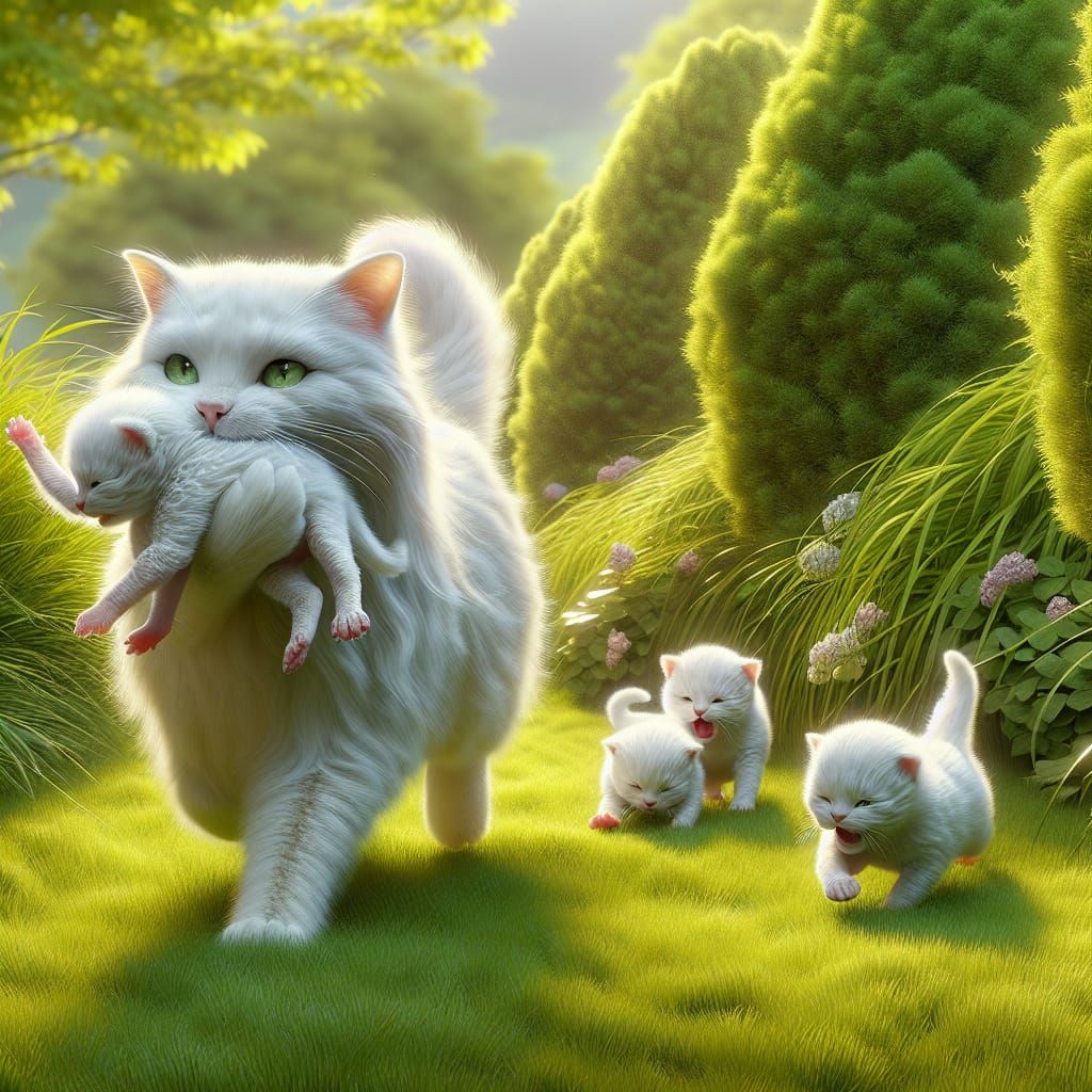 Cat Family's Springtime Adventure in Photorealistic Style