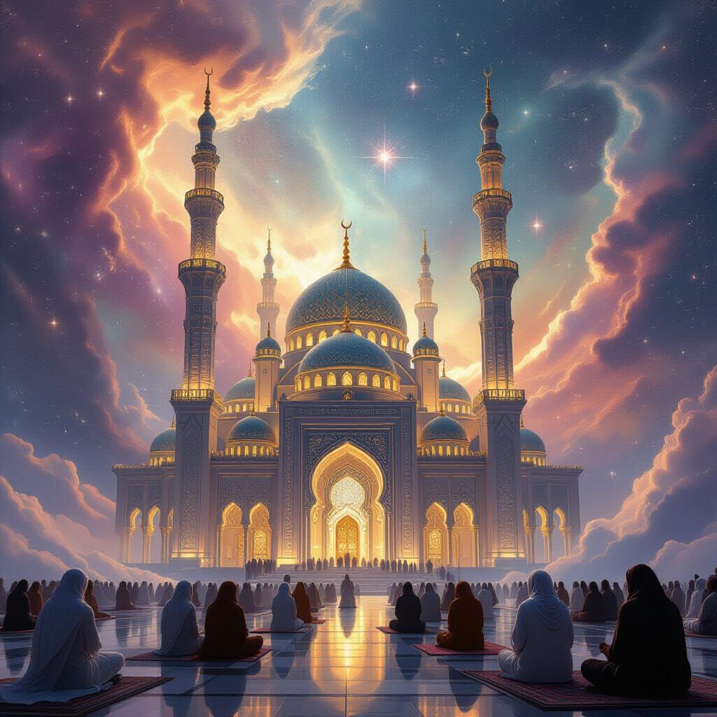 Grand Space Mosque Amidst Swirling Nebulae
