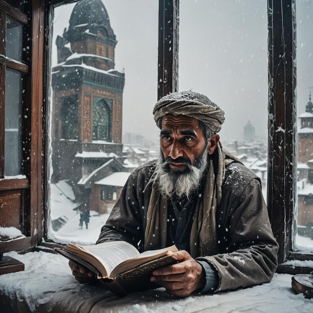 Feathered Man Reads Quran in Snowy Cinematic Still