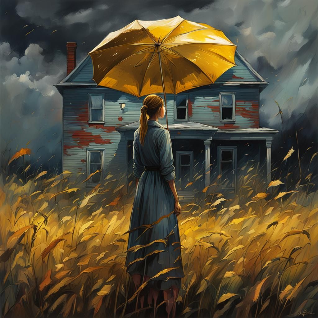 Woman with Gold Umbrella in Graffiti Art Style