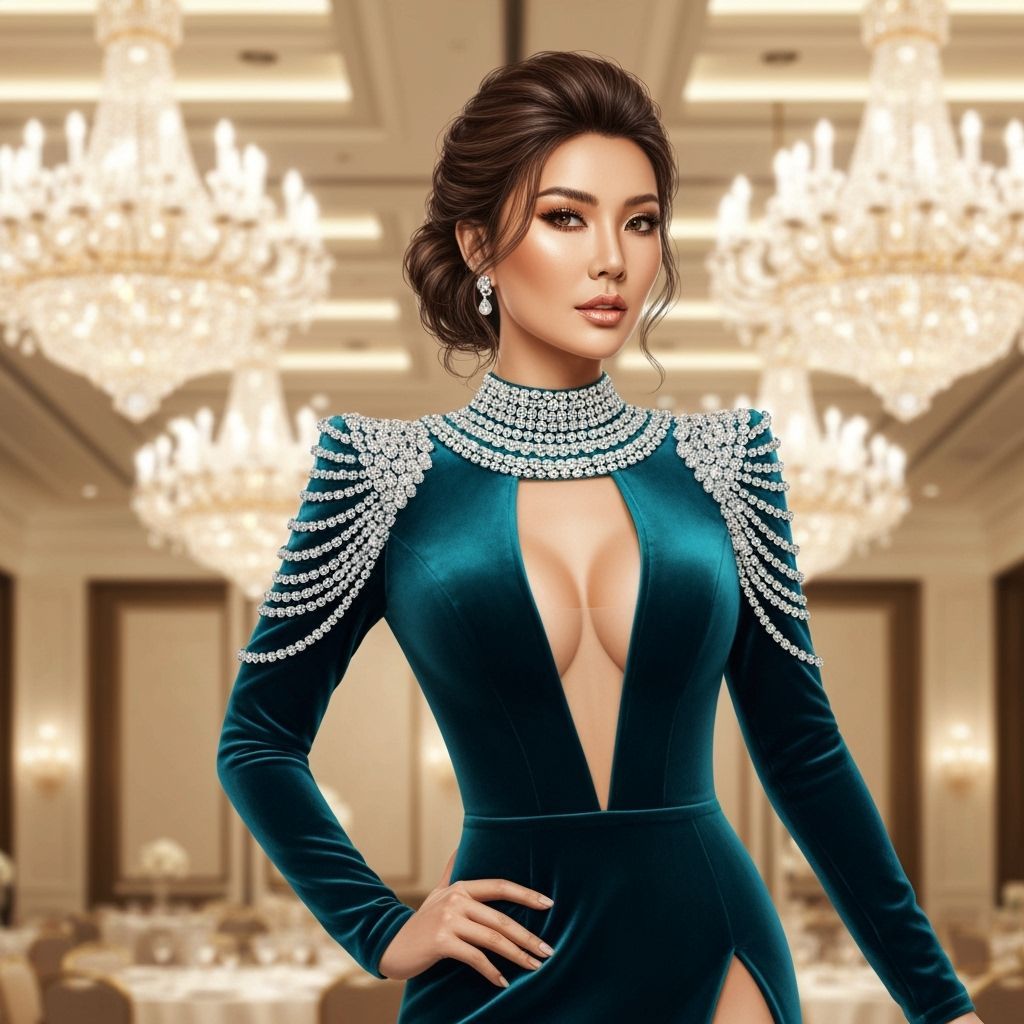 Asian Woman in Embellished Teal Velvet Gown