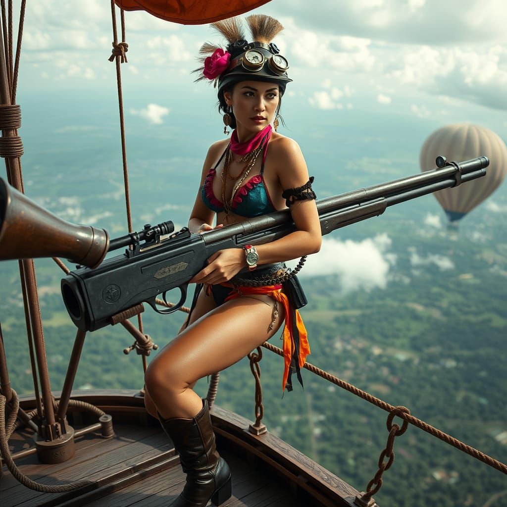 Steampunk Airship Landscape with Thai Warrior