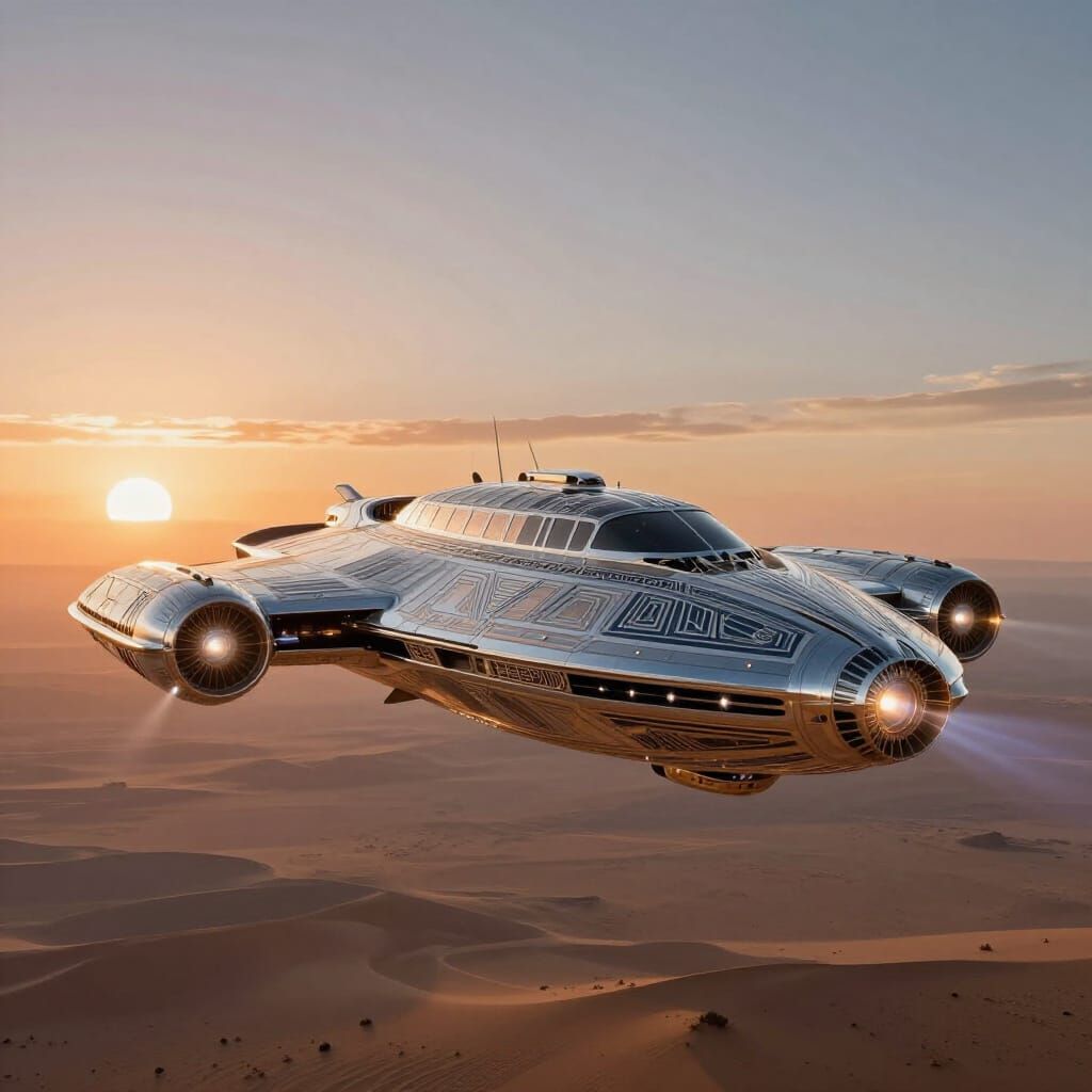 Art Deco Spaceship Over Alien Desert in Double Sunset