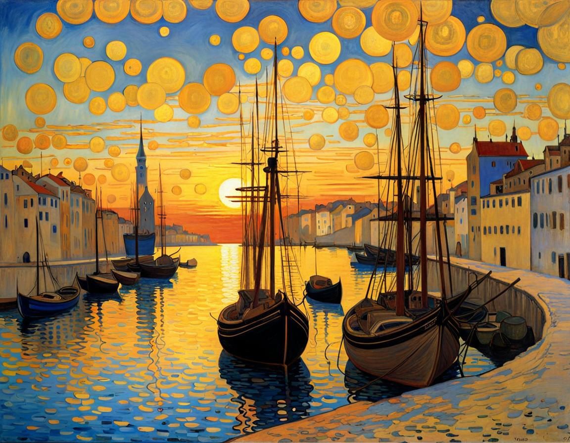 Sunrise Over Old Port in Klimt Style