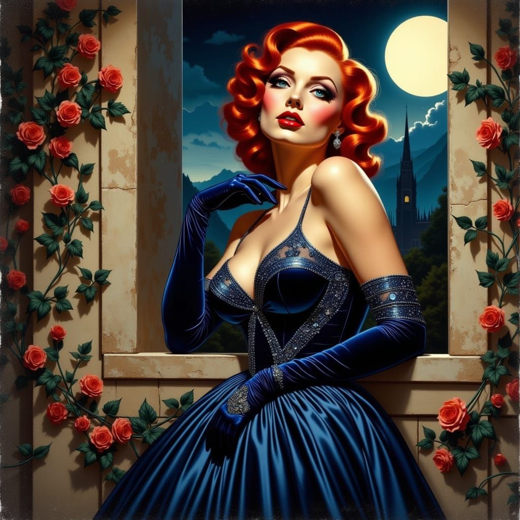 Ethereal Red-Haired Siren in Velvet Gown by Moonlight