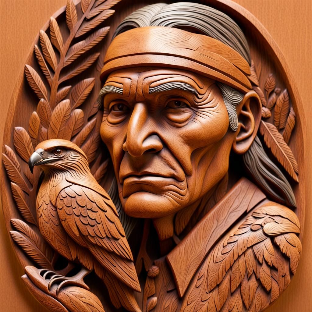 Native American Man and Hawk Wood Carving