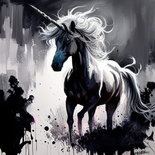 Unicorn in Ink and Oil Paint Style