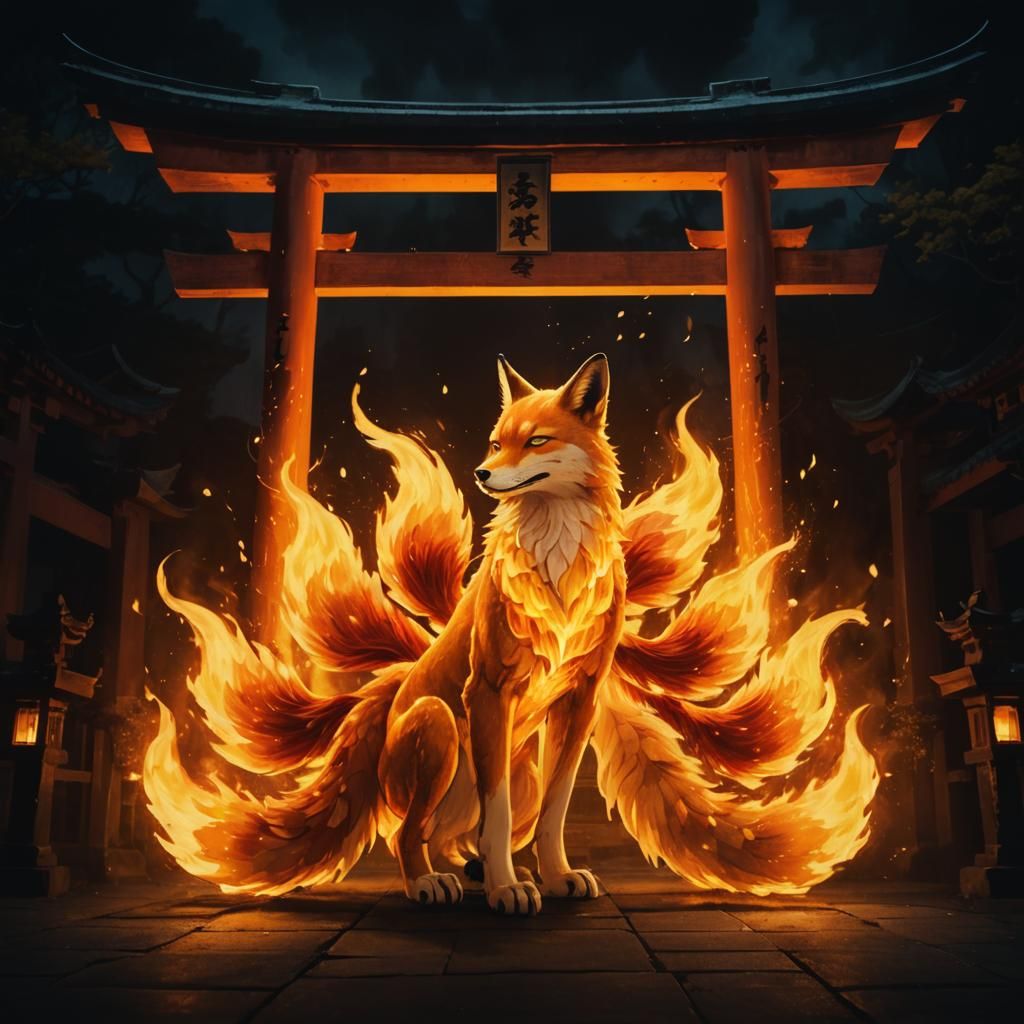 Flaming Kitsune Before Fiery Torii Gate