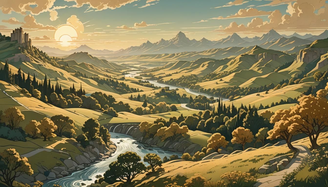 Ornate Art Deco Landscape with Rolling Hills and River