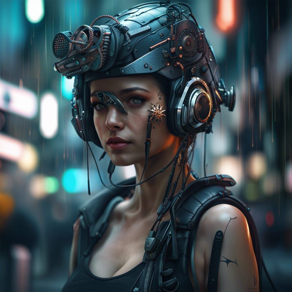 Cyberpunk Girl with Neon Visor in Dystopian City