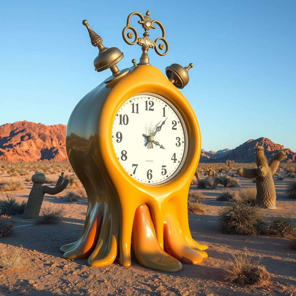 Surreal Desert Clock Melts in Timeless Surrealism