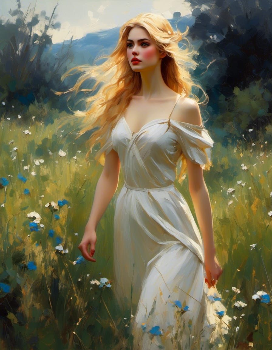 Norse Goddess Walking in a Meadow with Brushstrokes
