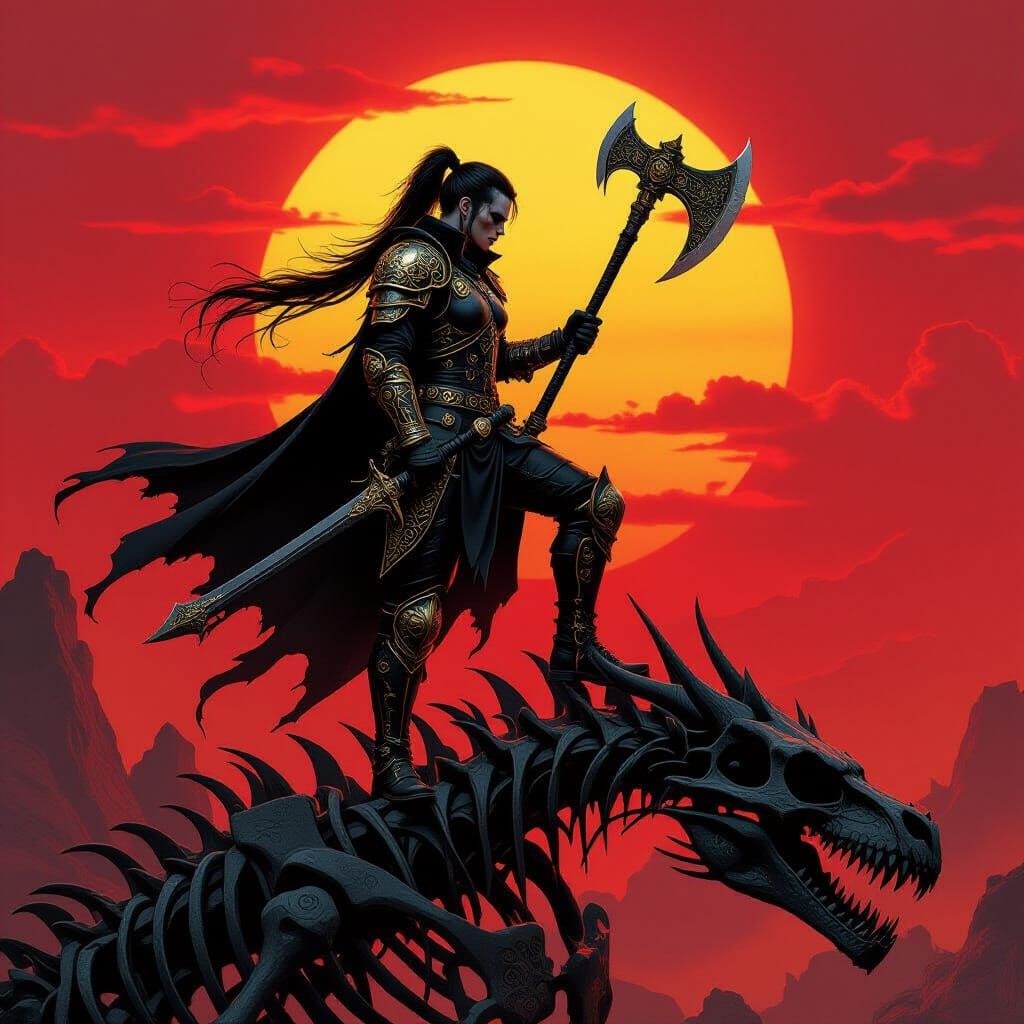 Punk Goth Warrior on Dragon Skull at Sunset
