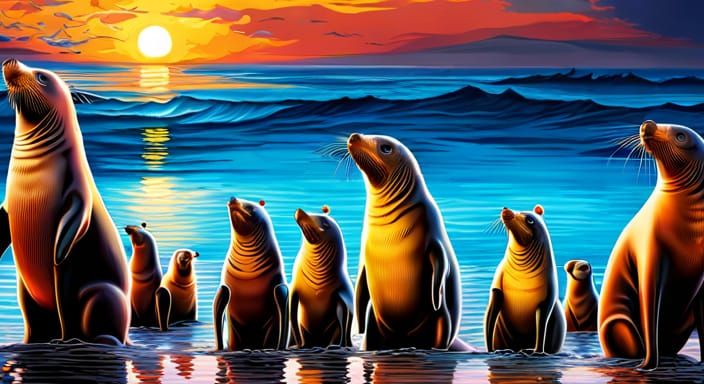 Sea Lions at Sunrise: Digital Art in Triadic Color