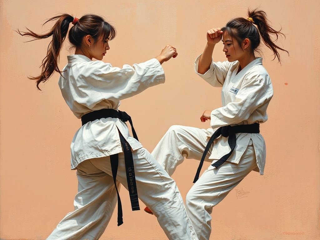 Female Martial Artists Sparring in Impasto Style