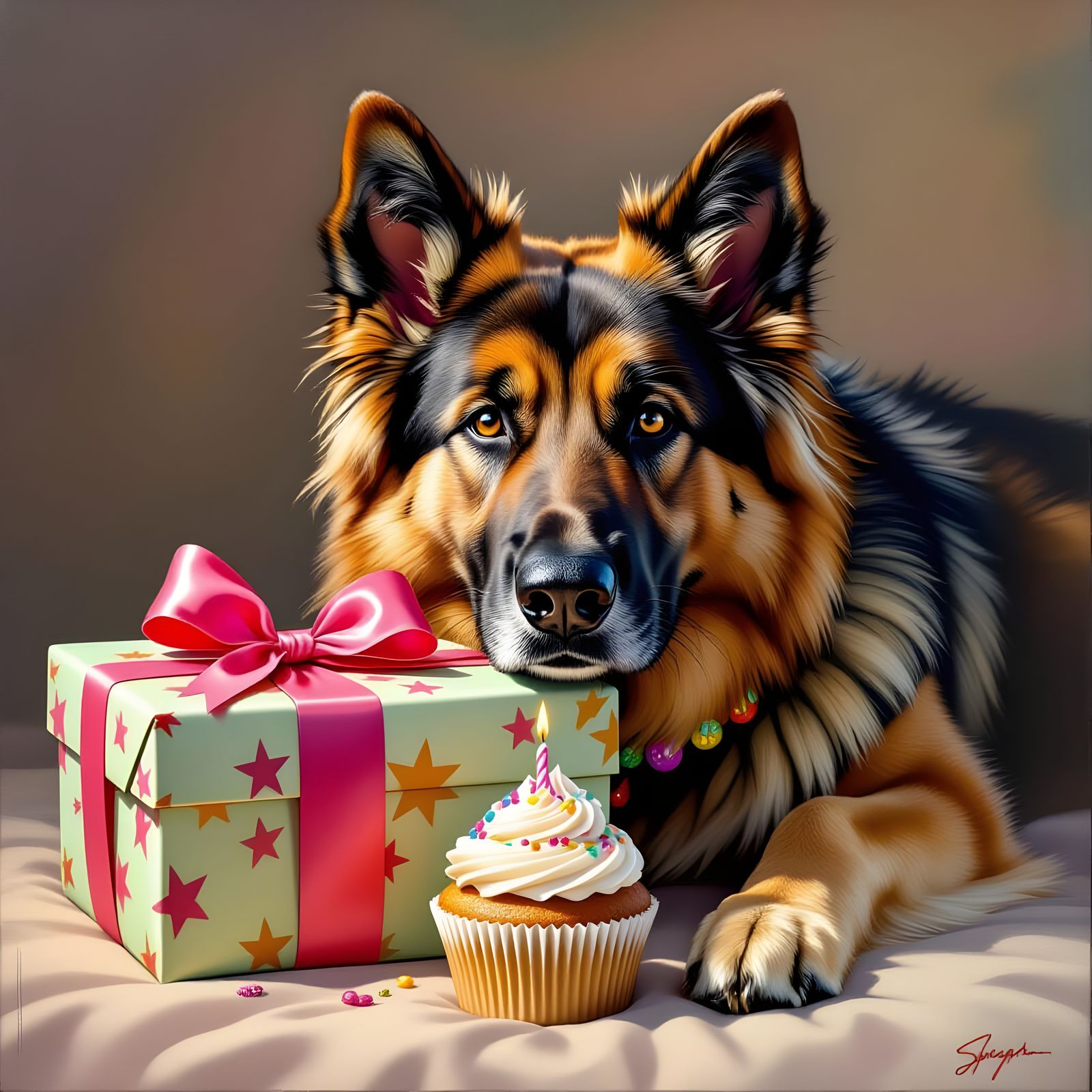 German Shepherd Celebrates Birthday in Hyperrealism