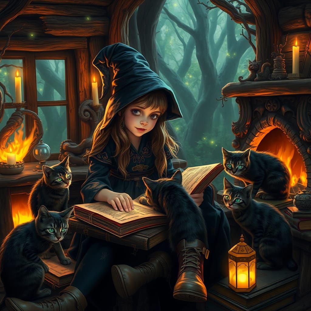 Enchanting Young Wizard Studying Magic in Cozy Cabin