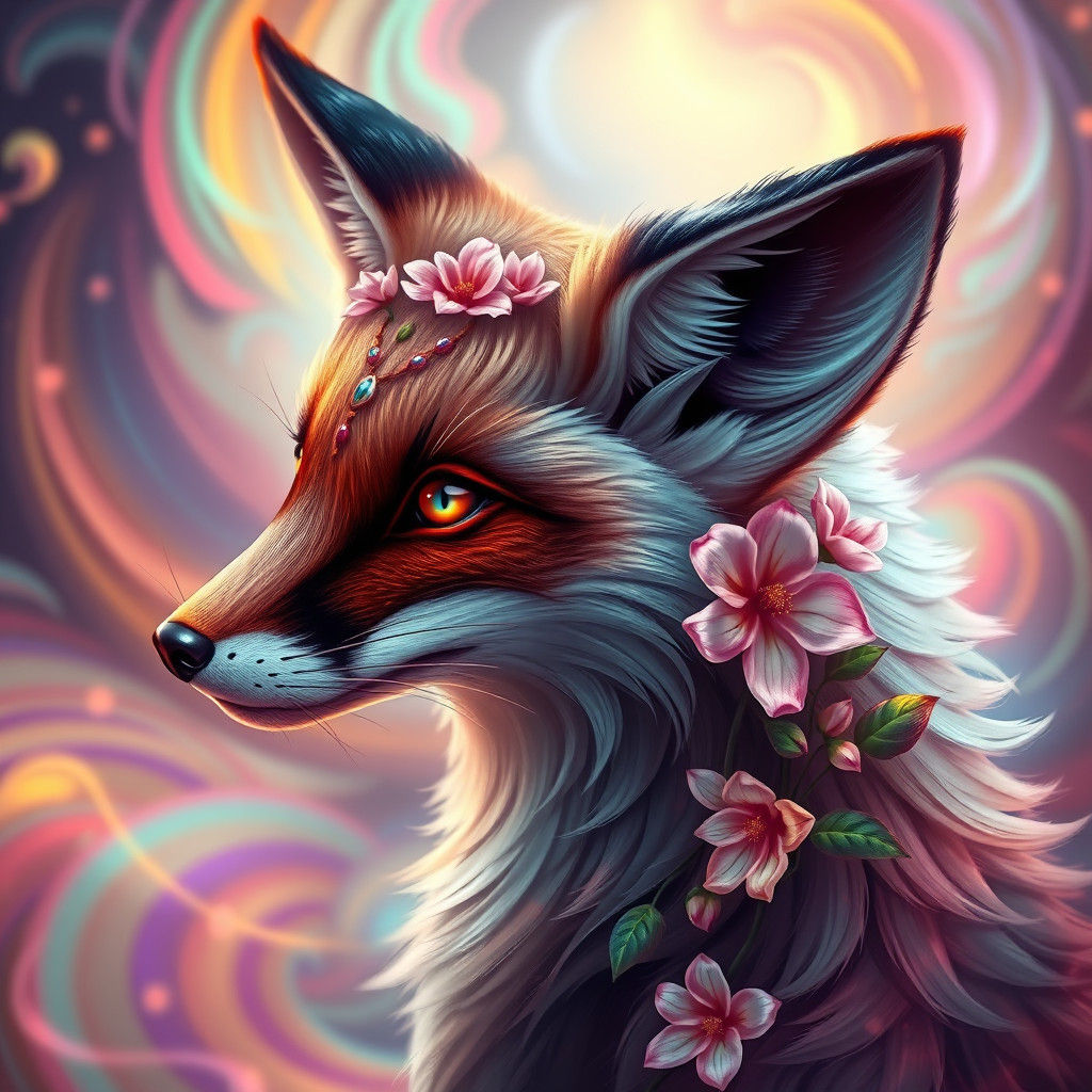 Majestic Flower Fox Portrait in Art Nouveau Style